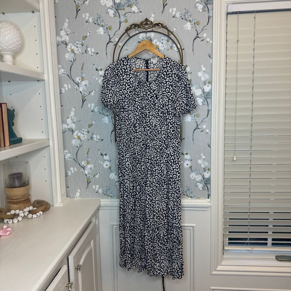 J.Crew Womens Navy White Leopard Print Tiered Midi Dress Puff Sleeve Large
